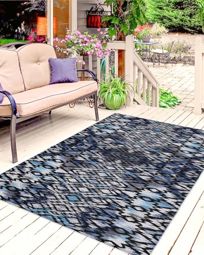 Large Outdoor Rug 4'x6' for Patio Indoor Outdoor Area Rug Boho Circle Line Texture Blue Rugs Outside Patio Rugs Camping Carpet Mat for Spring Picnic - color: Bohemianhoe2205, size: 4' x 6' (Rectangular)