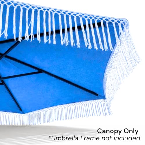 Formosa Covers 9ft 8-Rib Boho Replacement Umbrella CANOPY ONLY with Tassel Fringe Valance — Olefin Fabric, UV-Treated, Fits Market Patio Frames - color: Tassel Capri Blue