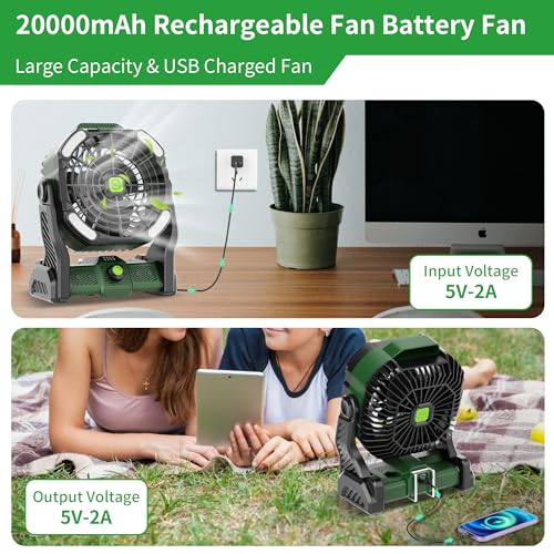 20000mAh Portable Camping Fan Rechargeable Portable fan for Travel Battery Powered Fan with LED Lantern,270° Rotation,USB Desk fan Battery Rechargeable Fan Tent Fan for camping essentials with Hook - color: X26 Green