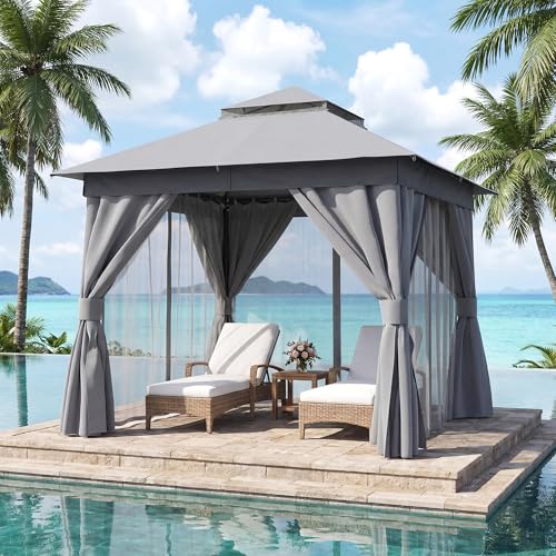 LAUSAINT HOME 8'x8' Outdoor Patio Gazebo, Heavy Duty Party Tent & Shelter with Double Roofs, Mosquito Nettings and Privacy Screens for Backyard, Garden, Deck (Grey) - color: Gray, size: 8'x8'