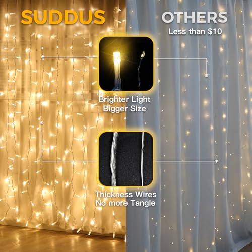 suddus Curtain Lights for Bedroom, 200 Led Hanging String Light Outdoor, Fairy Curtain Lights Indoor for Christmas, Dorm, Wall, Backdrop, Window, Wedding, Party, Birthday Decor, Warm White - color: Warm White, size: USB-200 LED