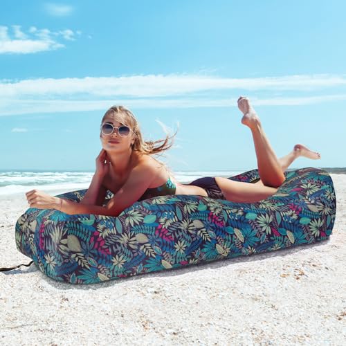 Inflatable Couch Air Lounger for Adults, Ultralight Portable Blow up Couch Air Sofa, Inflatable Beach Lounger Bed for Camping Hiking Festival Backyard Lawn, No Pump Required - color: Tropical Blue