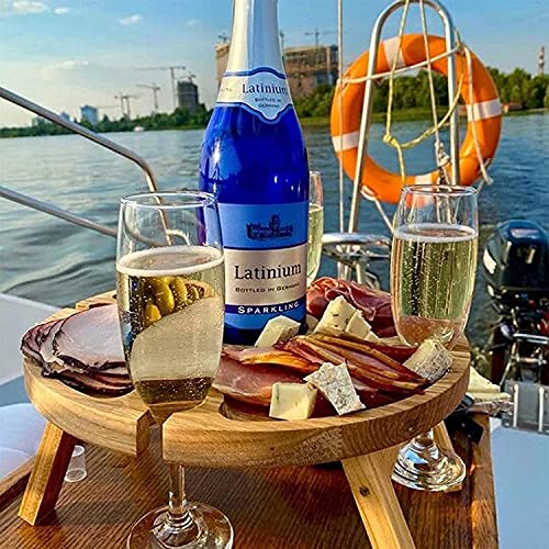 Wooden Folding Picnic Table with Wine Glass Holder - Portable Creative 2 in 1 Wine Glass Rack & Compartmental Dish for Cheese and Fruit for Outdoor, 11.81D x 11.81W x 6.29H in