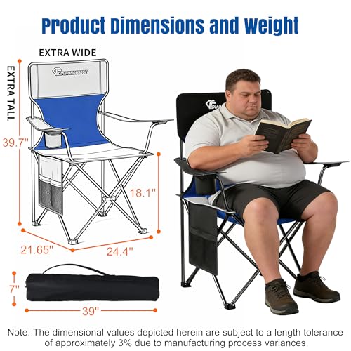 Oversized Camping Chairs, 500 LBS Capacity Folding Chair, High Back Camping Chair for Adult, Portable Outdoor Camping Chair with Wide Cup Holder and Side Pocket for Hiking Fishing Sports(Black Blue) - color: 500lbs Black Blue, size: Oversized
