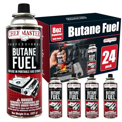 Chef Master 24x 8oz Butane Fuel Canister - Butane Fuel for Camping Stove & Kitchen Torch - Gas Canister for Picnics, Outdoor Cooking, Grilling - Camping Stove, Torch Fuel Camping Essentials - 90340 - size: Pack of 24