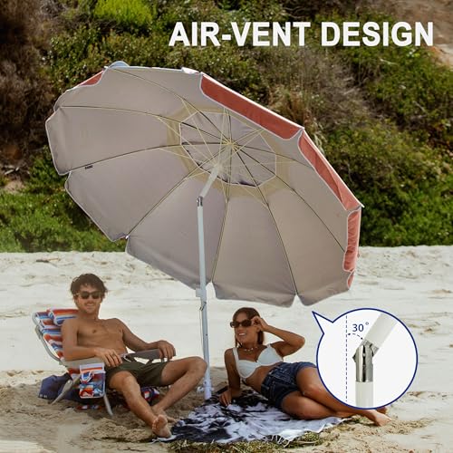 AMMSUN 8 Feet Large Beach Umbrella with Sand Anchor Heavy Duty High Wind Portable Outdoor Umbrellas UV 50+ Protection Air Vent Tilt Patio Garden Pool - color: Red