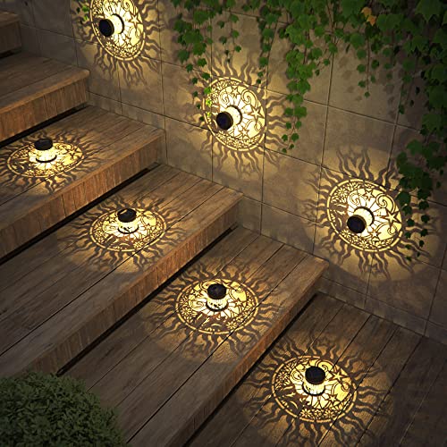 gardencave 2 Pack Solar Fence Lights Metal Solar Powered Outdoor Wall Deck Lights Sun Moon Theme Waterproof Fence Light for Garden Post Patio Backyard Yard Decor (Face, 2 Pack) - color: Face, size: 2 Pack