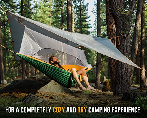 Ryno Tuff XL 2 Person Camping Hammock with Mosquito Net & Rain Fly - Compact Double Hammock with Bug Net, Tarp, Pocket, Tree Straps & Heavy Duty Carabiners - Parachute Grade Nylon Holds Over 600lbs - color: Rain Fly and Mosquito Net