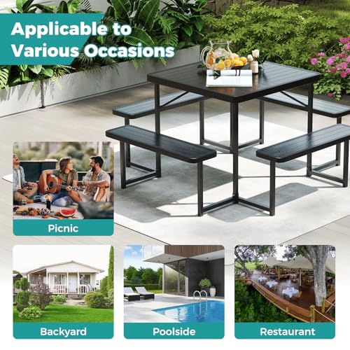 Byroce Outdoor Picnic Table for 4-8 Person, HDPE Picnic Camping Table Set with 4 Benches, Umbrella Hole & Metal Frame, Heavy Duty Square Dining Table Chairs for BBQ in Patio, Yard & Poolside (Black) - color: Black