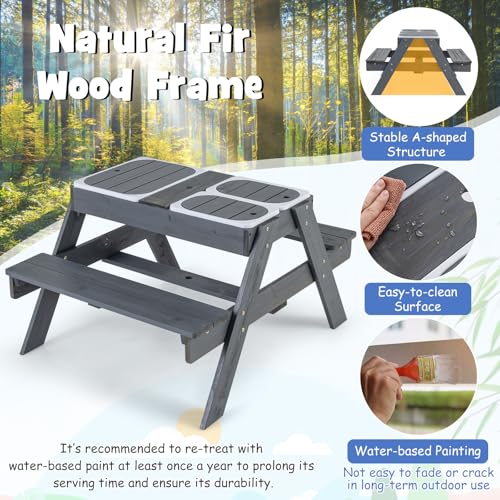 HONEY JOY Kids Picnic Table, 4 in 1 Cedar Wooden Sand & Water Table w/ 3 Removable Box & Umbrella, Kids Picnic Tables for Outdoors Backyard Garden, Toddler Patio Furniture Set for Boys Girls(Gray)