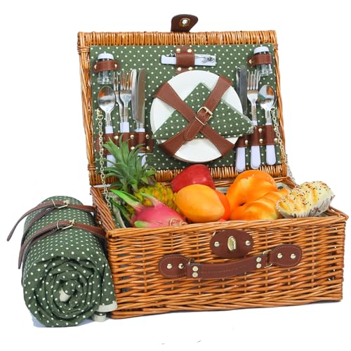 Picnic Basket for 4 Persons with Waterproof Picnic Blanket and Insulated Cooler, Large Wicker Picnic Basket for Camping, Outdoors, Valentine's Day, Christmas, Birthday, Wedding Gift - color: Green & White Spots