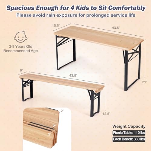 Costzon Kids Picnic Table, 43.5 Inch Folding Picnic Table with 2 Benches, Fir Wood Top & Metal Frame, No Assembly 3-Piece Portable Kids Indoor/Outdoor Furniture for Patio Backyard Daycare (Black) - color: Black