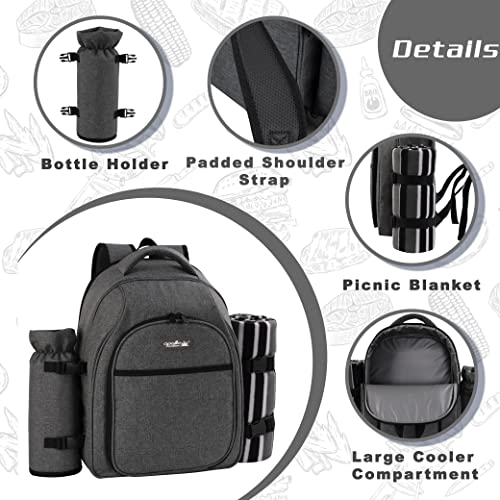 apollo walker Picnic Backpack Bag for 2 Person with Cooler Compartment, Detachable Bottle/Wine Holder, Fleece Blanket, Plates and Cutlery Set (2Person,Grey) - color: Grey1, size: 2 Person