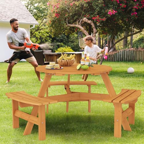 Giantex 6-Person Round Picnic Table Set with 3 Benches, 550 LBS Bench Capacity, 2" Umbrella Hole, Circular Outdoor Wood Dining Table & Chairs for Patio Yard Garden Porch Deck (68”x62”x28”,Yellow) - color: Yellow, size: 68”x62”x28”