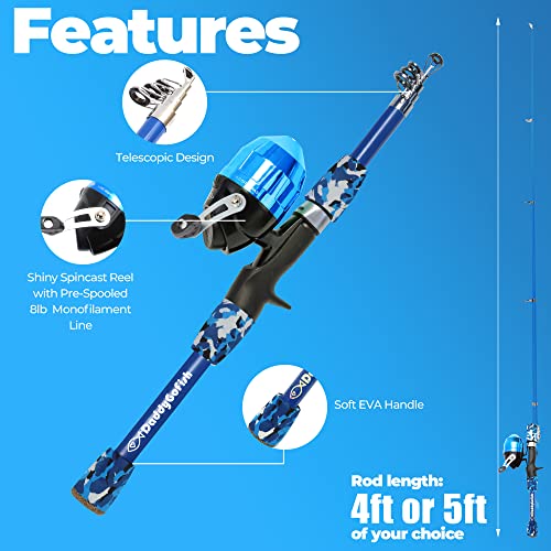 DaddyGoFish Kids Fishing Pole - Rod Reel Combo Tackle Box Starter Set - First Year Small Dock Gear Kit for Boys Girls Toddler Youth Age Beginner Little Children Junior Anglers - color: Blue (Complete Set), size: 4ft