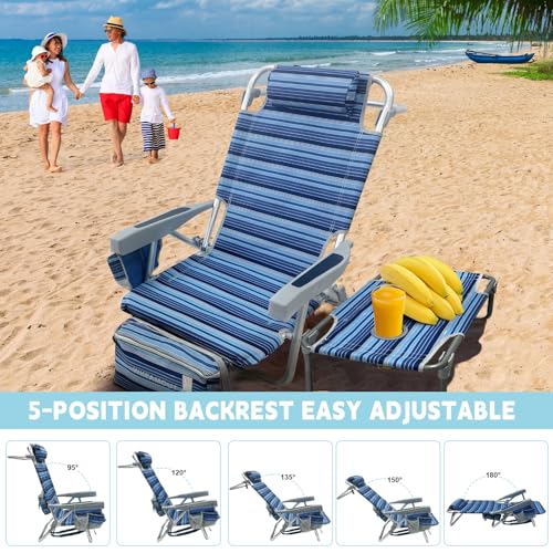 Backpack Beach Chair Aluminum 2 Pack with Folding Camping Table 5-Position Lay Flat Lounge Chair Outdoor for Adults with Insulated Cooler Bag and Cup Holder - color: Navy, size: 2 PACK