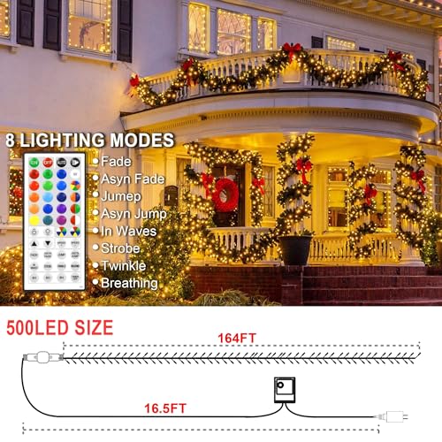 164 FT 500 LED Christmas String Lights, Waterproof RGB String Lights with Remote Control& Timer Function, 24 Colors Changing Fairy Lights for Indoor Outdoor Room Wall Christmas Tree Party Decoration - color: RGB (Red, Green, Blue), size: 164FT