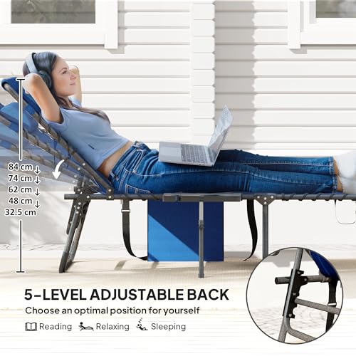 Outsunny Folding Chaise Lounge Chair Outdoor Tanning Chair with Side Table, 5-Level Adjustable Beach Lounge Chair with Headrest, Side Pocket for Patio, Backyard, Beach, Poolside, Dark Blue - color: Dark Blue