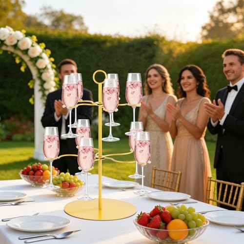QPIX DIGITAL Champagne Tower,Metal Cocktail Tree Stand 2 Tier - 10 Holders For Champagne, Cocktails, Martini, Margarita Cups at Weddings,Bridal Parties & Events,Cocktail Glass Gold Holder - color: Gold, size: 17"x 13"-10 Holders