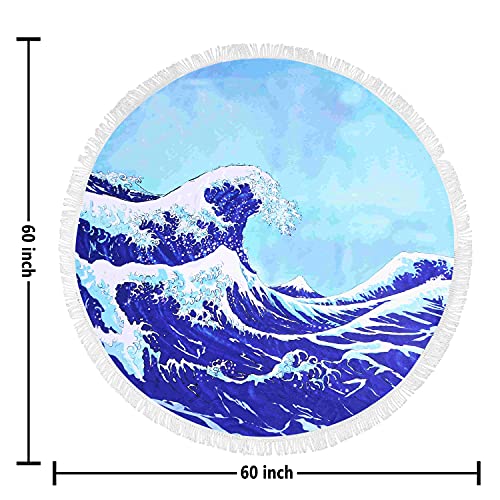 Violet Mist Blue Sea Wave Round Beach Blanket 60" Soft Microfibre Circular Beach Towel Throw with Fringe Large Sand Free Circle Beach Blanket with Tassels for Women Travel Swimming Pool Picnic Towel - color: Blue Sea Wave