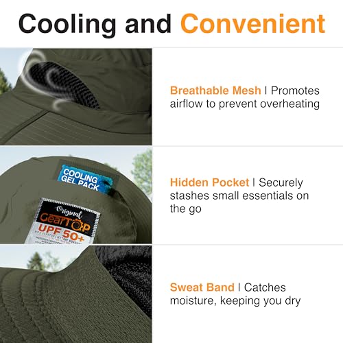 GearTOP Wide Brim Sun Hat for Men & Women, UPF 50+ Fishing Hat with Detachable Neck Flap & Face Cover Gardening Boonie Sunhat - color: Army Green With Flaps & Face Cover