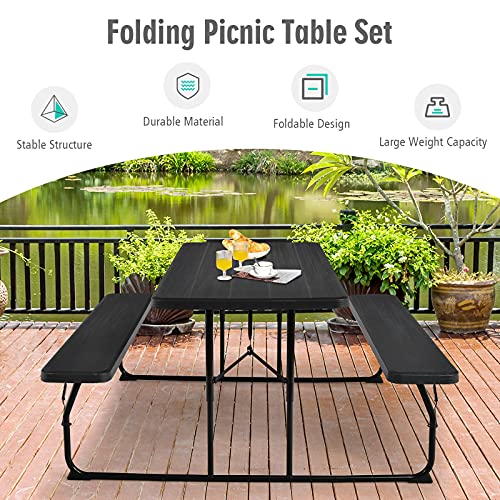 S AFSTAR Folding Picnic Table Bench Set, Foldable Picnic Table with 2 Benches, Outdoor Table and Bench W/Steel Frame & Wood-Like Texture Tabletop, Camping Table Chair Set for Garden Patio Lawn (Black) - color: Black