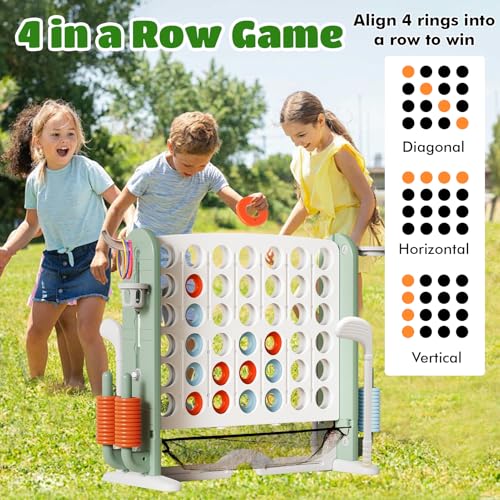 Ancaixin Giant 4 in-A-Row Connect Game Set, Adjustable Height Jumbo Yard Game with Basketball Hoop, Golf, Mesh Pocket & Ring Toss, Indoor Outdoor Family Backyard Party Game for Kids and Adults, White - color: White