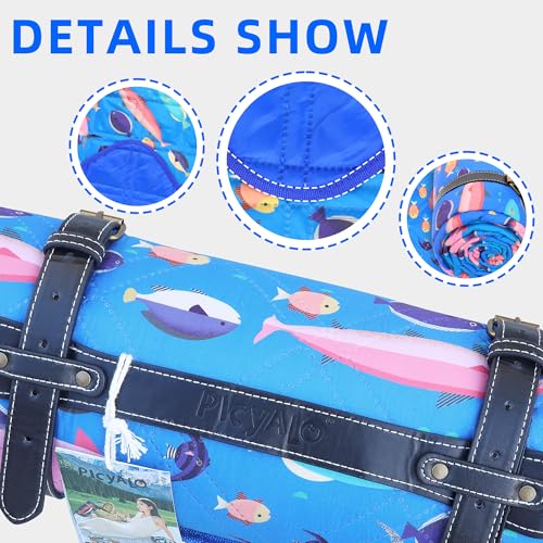Picnic Blanket, 80x80 Inches, White Fish Pattern, Double Thickened with 150g Cotton, Portable Foldable with Leather Carry Strap - color: Blue Fish, size: 80"x80"
