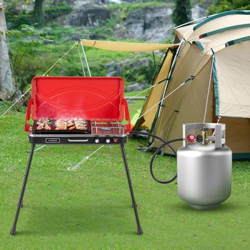 HAPPYGRILL Portable Camping Stove, 2-Burner Propane Grill Cooker with Removable Leg Stand, Roast Grill, Dual Control Knobs, Wind Guards, Outdoor Gas Grill for Camping BBQ Picnic, Red - color: Red