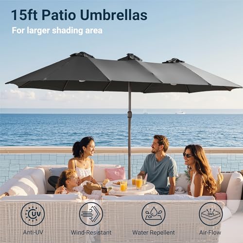 HOOOWOOO Outdoor Patio Umbrella With Solar Light,15 Ft Large Beach Umbrella,UV Protection Picnic Market Parasol Sunshade W Base Crank Handle For Backyard Deck Pool Shade - color: Charcoal Gray