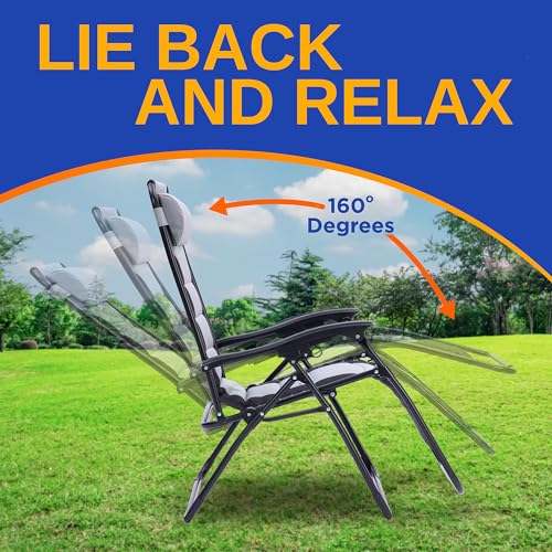 SereneLife Padded Zero Gravity Lounge Chair - Reclining Patio Chairs - Outdoor Lounge Chairs with Detachable Cup Holder Tray - Folding Recliner Chair with Removable Pillows - 1, Gray and Black - color: Grey