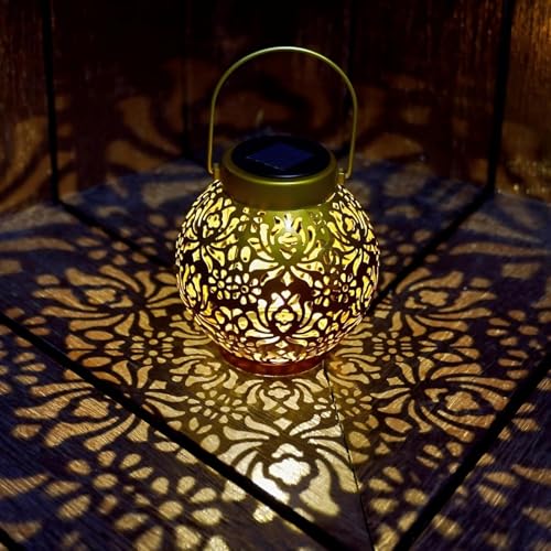 2 Pack Solar Lanterns Outdoor Gifts, IP44 Waterproof Hanging Solar Lights Decor Lamp for Garden, Patio, Pathway, Yard, Porch (Shiny Gold Flower) - color: Shiny Gold Flower
