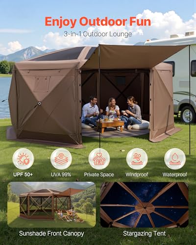VEVOR Pop up Gazebo Screen Tent, 15 x 15 ft Large 8-Sided Camping Canopy Tent with Removable Top & Carry Bag, Quick-Set & Bite-Proof, Screen House Sun Shelter for 12-15 Persons Backyard Patio, Brown - color: Brown, size: 15x15ft