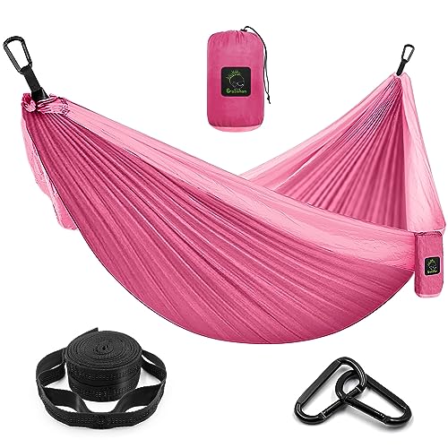 Grassman Camping Hammock Double & Single Portable Hammock with Tree Straps, Lightweight Nylon Parachute Hammocks Camping Accessories Gear for Indoor Outdoor Backpacking, Travel, Hiking, Beach - color: Pink, size: One Person