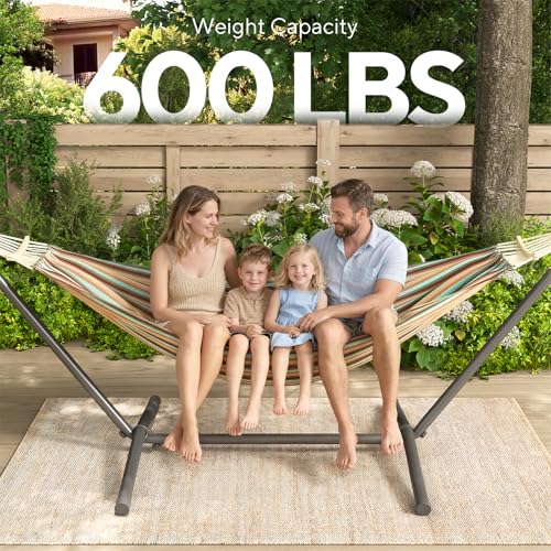 600lbs Hammock with Stand for Outside, 2 Person Portable Hammock with Side Storage, Carrying Bag, Expend Wooden Bar for Outdoor or Indoor (Dark Rainbow) - color: Dark Rainbow