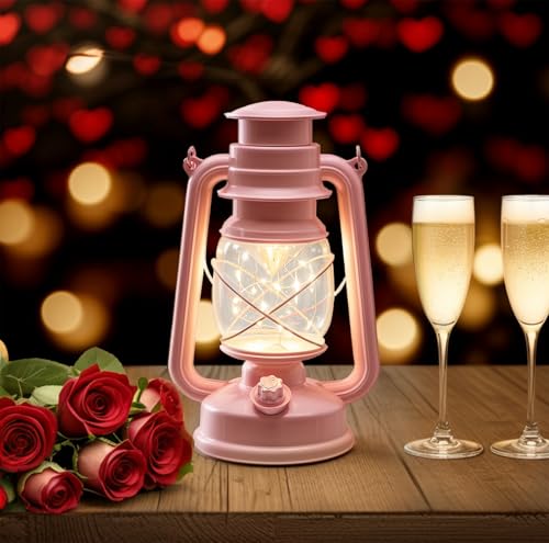 Outdoor Lanterns,Vintage Lantern with 20 LED Lights Silver Wire,9.5" H Light LED Lanterns for Outdoor & Indoor with Timer,Battery Powered Lantern,Hanging Lights for Camping Garden,Pink 2 Pack