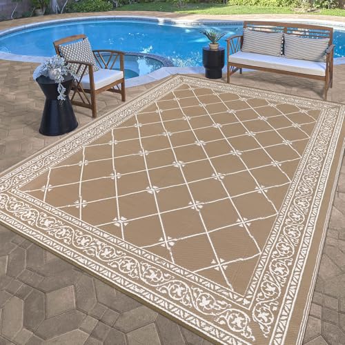 Outdoor Rug 9'x18' for Patios Waterproof Patio Rugs Outdoor Mats for Front Porch,Beach Mat,Reversible Plastic Straw Camping Rugs for Outside RV,Deck,Balcony,Backyard (Beige Tan, 9'x18') - color: Beige Tan, size: 9' x 18' (Rectangular)