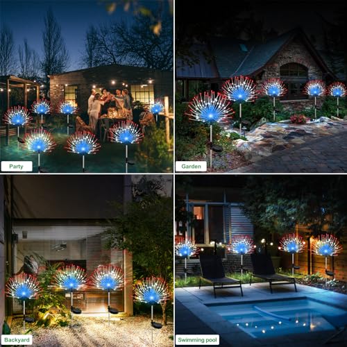 Slyuexu Solar Garden Lights Outdoor Waterproof, 2 Pack 120 LED Solar Firework Lights Decorative Garden Décor Outside for Flowerbed Pathway Party Christmas Decoration, 4th of July Decor, Multicolor - color: American Color, size: 2 Pack