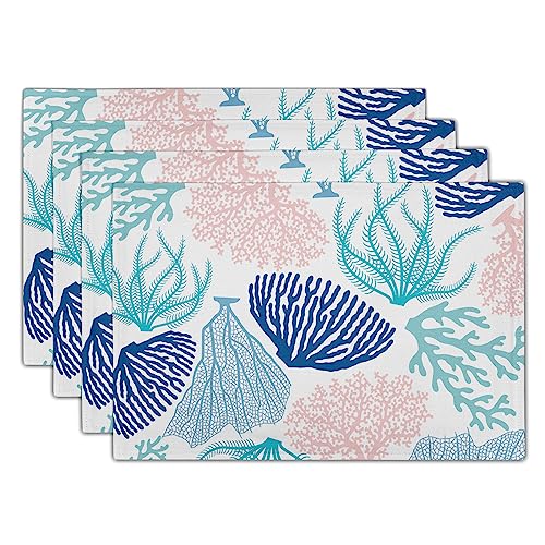 Summer Ocean Coral Placemats Set of 4,Blue Pink Coral Reef Linen Table Place Mat 12x18 in, Nautical Coastal Seaweed Heat-Insulation Non-Slip Placemat for Dining Kitchen Decor - color: Coral