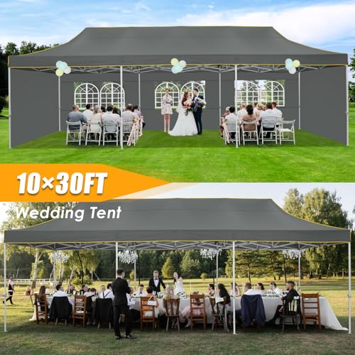 HOTEEL 10x30 Heavy Duty Pop Up Canopy Tent with 5 Sidewalls&Wheeled Bag, Commercial Event Party Tent Wedding Instant Canopy Waterproof, Upgraded Thicked Hexagonal Legs, UV 50+, Gray - color: Gray, size: 10x30FT (+5 Walls)