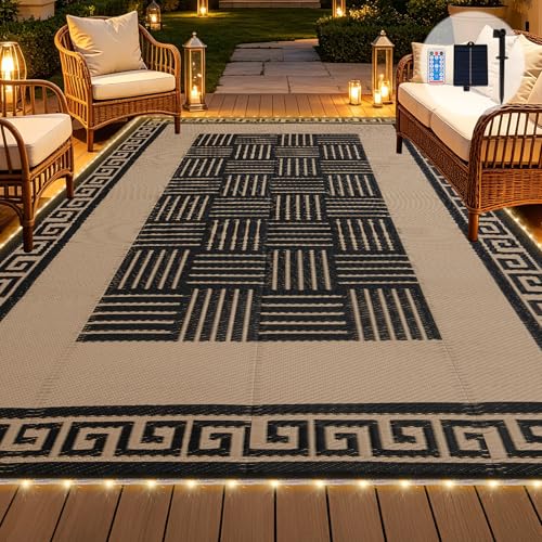 YONILE Solar LED Outdoor Rug 9x12 ft Waterproof for Patios Clearance,Reversible Outdoor Plastic Straw Rug, RV Mat Outside, Indoor Outdoor Carpet for Porch, Deck, Backyard, Balcony, Picnic - color: Black&coffee-striped With Light-2 in 1, size: 9x12ft