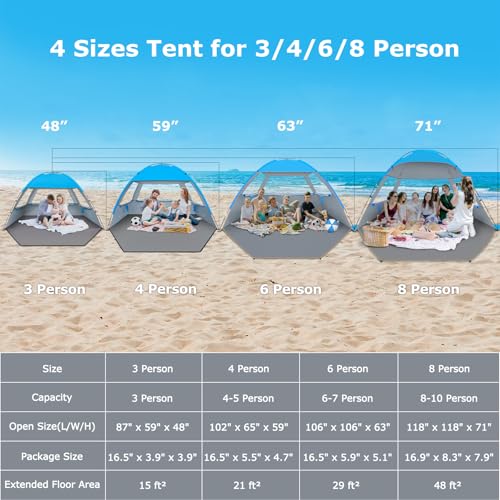 Venustas Beach Tent Sun Shelter for 3/4/6/8 Person, UPF 50+ UV Protection Beach Canopy, Lightweight and Easy Setup Cabana, Portable Shade Tent - color: Sky Blue, size: 4 Person