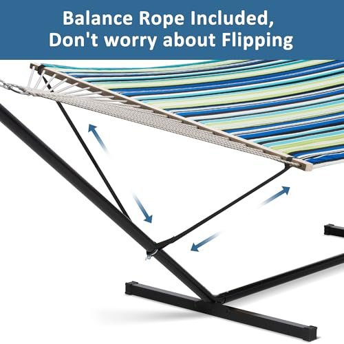 SUNCREAT Hammock with Stand 2 Person Heavy Duty, Freestanding Hammock with Spreader Bar, Soft Pillow, Green Stripes - color: Green&blue, size: 12 ft Stand