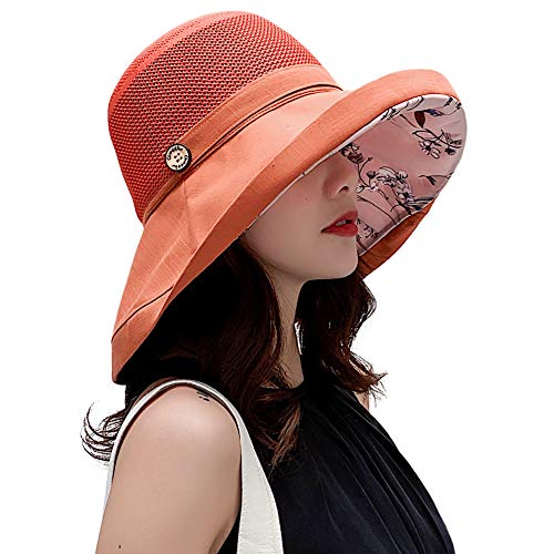 Women Mesh Sun Hats Summer Beach UV Protection UPF Packable Wide Brim Chin Strap - color: Orange-red