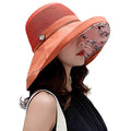Women Mesh Sun Hats Summer Beach UV Protection UPF Packable Wide Brim Chin Strap - color: Orange-red