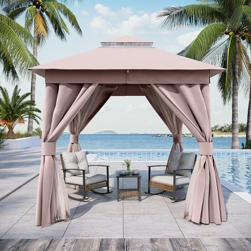 LAUSAINT HOME 8'x8' Outdoor Patio Gazebo, Heavy Duty Party Tent & Shelter with Double Roofs, Mosquito Nettings and Privacy Screens for Backyard, Garden, Deck (Khaki) - color: Khaki, size: 8'x8'