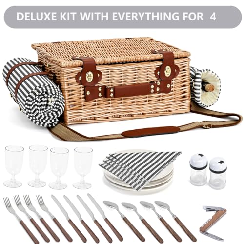 Picnic Basket with Blanket and Wine Pouch for 4, Wicker Picnic Set with Insulated Liner Cooler Bag Hamper for Camping,Wedding - Stripes - color: Stripes With Blanket for 4