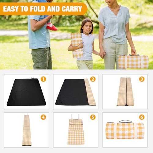G GOOD GAIN Picnic Blankets Outdoor Extra Large - 80"x80" Portable Waterproof Picnic Blanket, Machine Washable 3-Layer Foldable Park Mat with Sandproof Backing for Grass, Hiking, Travel (Yellow) - color: Yellow