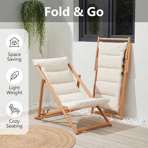 Folding Lounge Chairs Outdoor, Patio Chairs with Cushions, 3-Position Adjustable Patio Lounge Chairs Set of 2, No Assembly Required Eucalyptus Patio Recliners for Pool/Deck/Balcony, Beige - color: Beige, size: 2 PCS