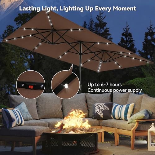 15×15ft Outdoor Patio Umbrella, Double Sided Market Rectangle Umbrella with Crank Handle, Large Sun Shade for Outside Deck, Backyard, Garden - color: Brown with LED lights